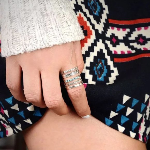 Bohemian Antique Silver & Turquoise Southwestern Layered Stacked Unisex Ring NEW - Picture 4 of 6